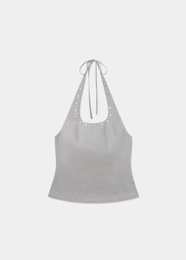 Linen halter top with mother-of-pearl buttons