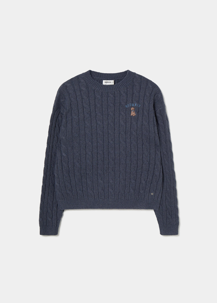 Pull en maille torsadée avec broderie de chien