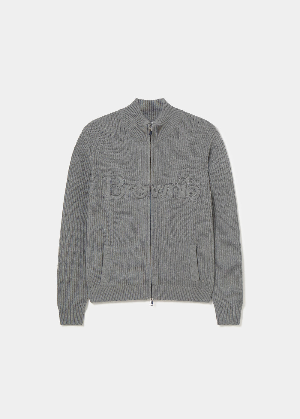 Chaqueta de punto gris oscuro con cremallera y logotipo bordado en el pecho