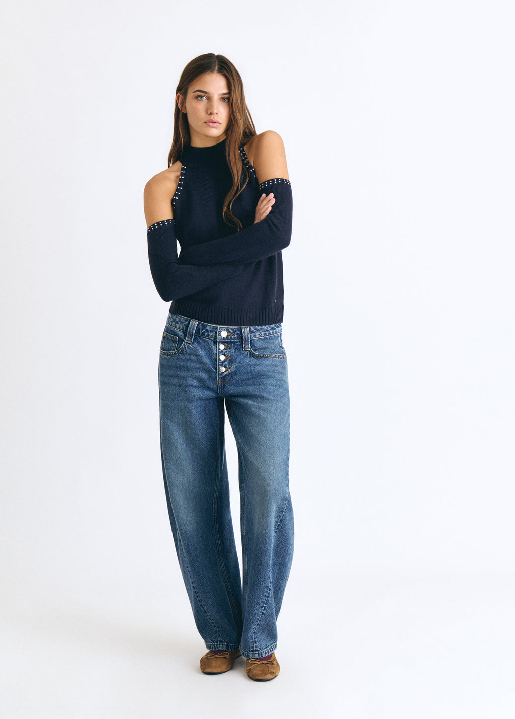 Shoulder-opening studded sweater