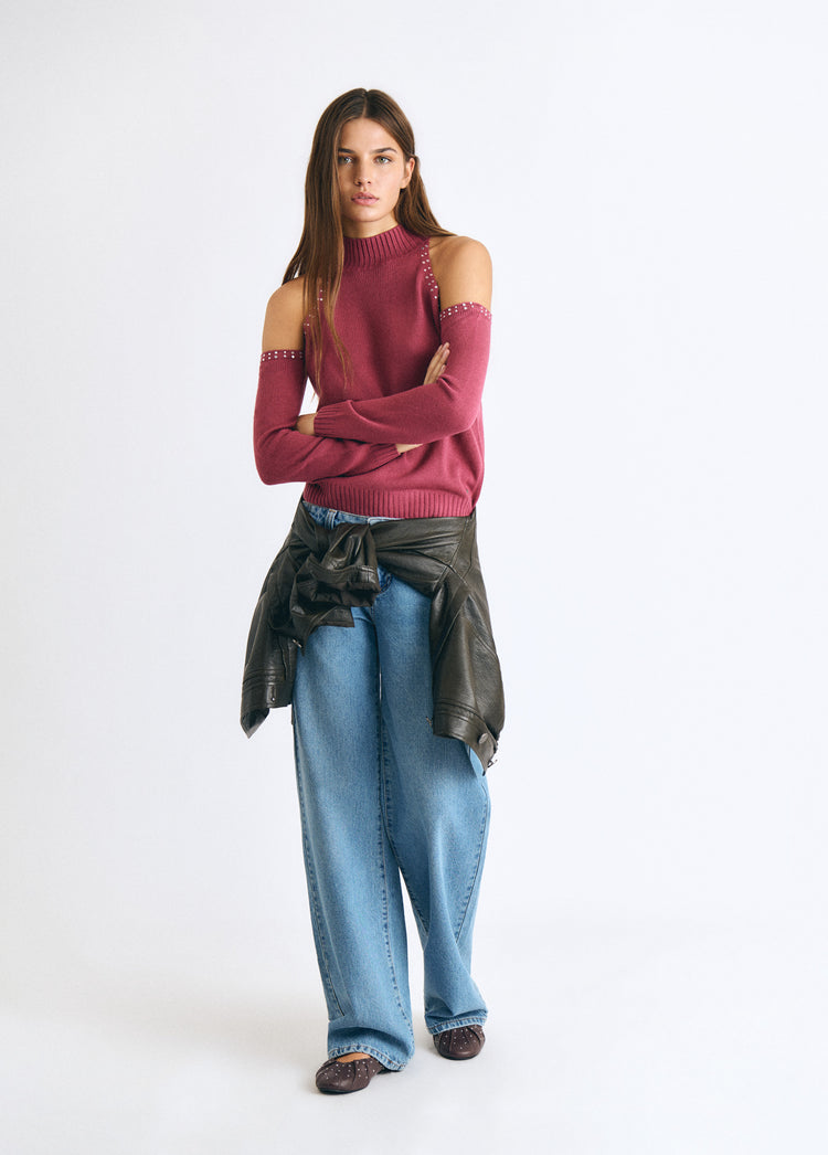 Shoulder-opening studded sweater