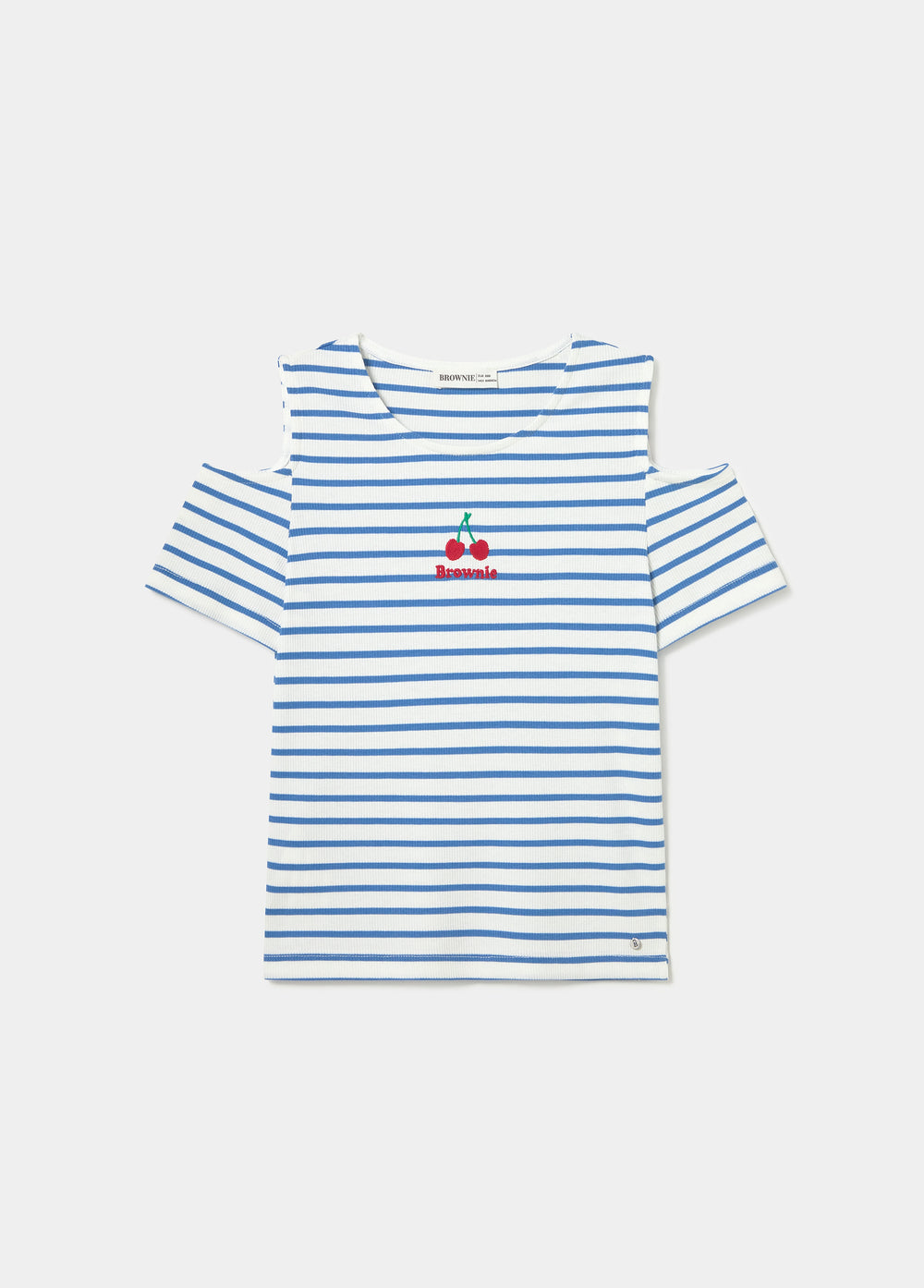 Camiseta azul de rayas con escote en hombro y estampado de cerezas