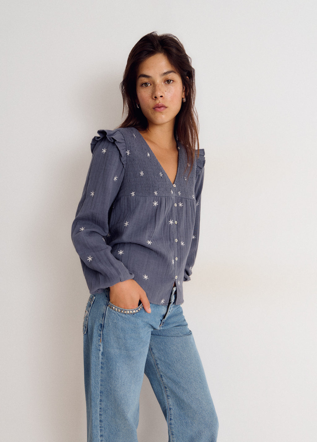 Long-sleeve dobby V-neck blouse