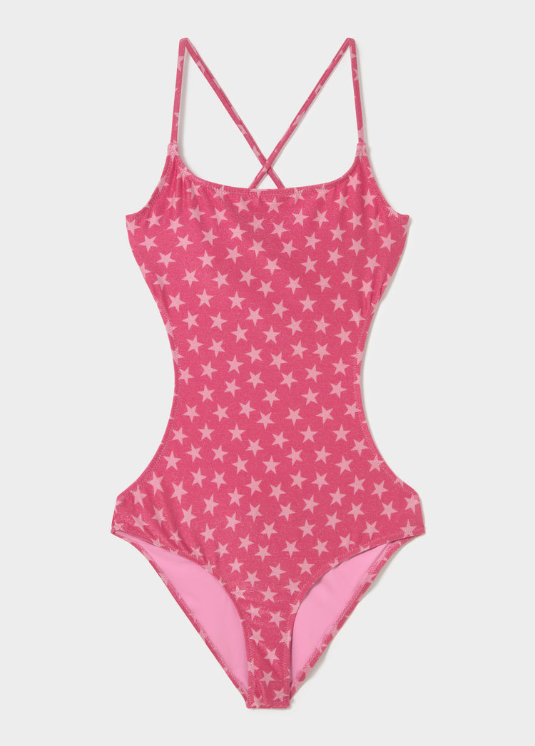Cut-out swimsuit with metallic thread stars