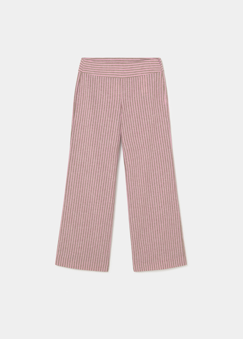 Pantalón de rayas verticales en rosa con cintura ancha y corte amplio visto de cuerpo entero