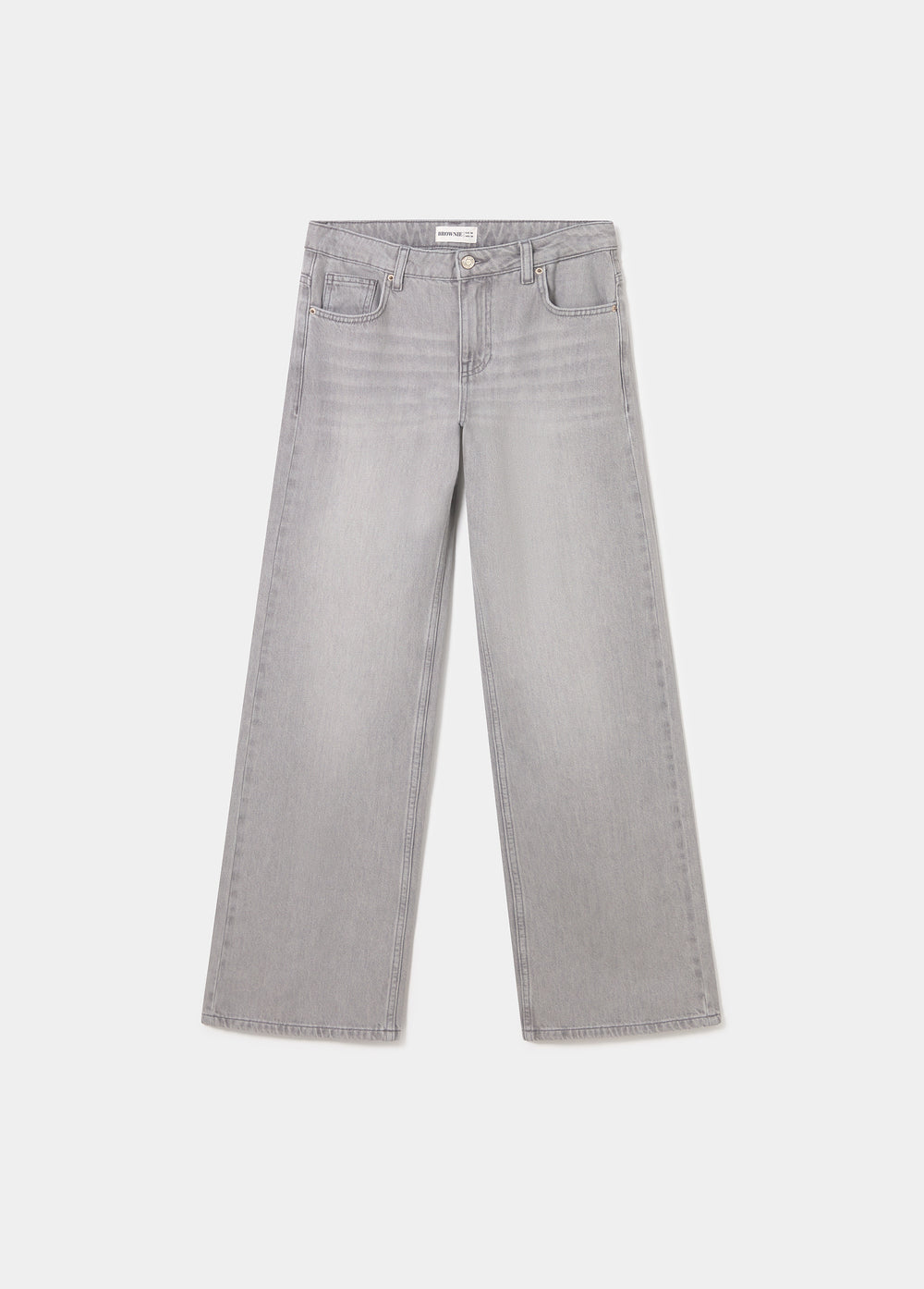 Jeans gris de corte recto y largo completo vistos de frente