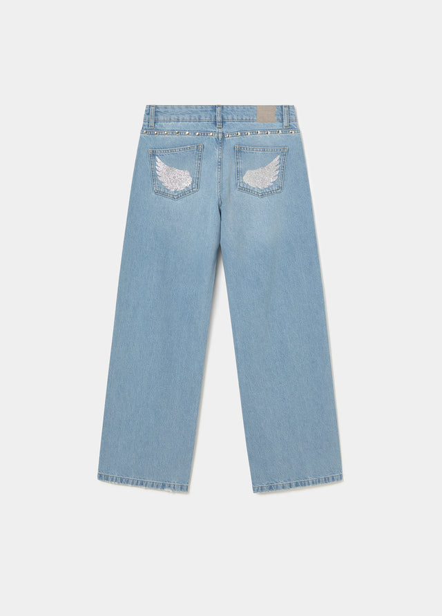 Jeans mit tiefem Bund und Glitzerflügeln