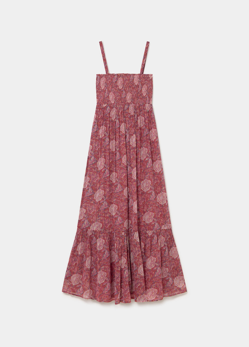 Vestido largo de tirantes finos en tono rosado con estampado floral, luciendo caída fluida y falda vaporosa