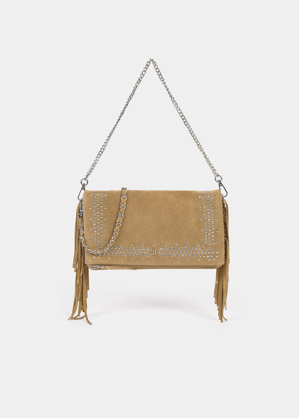 Leren schoudertas met studs en franjes