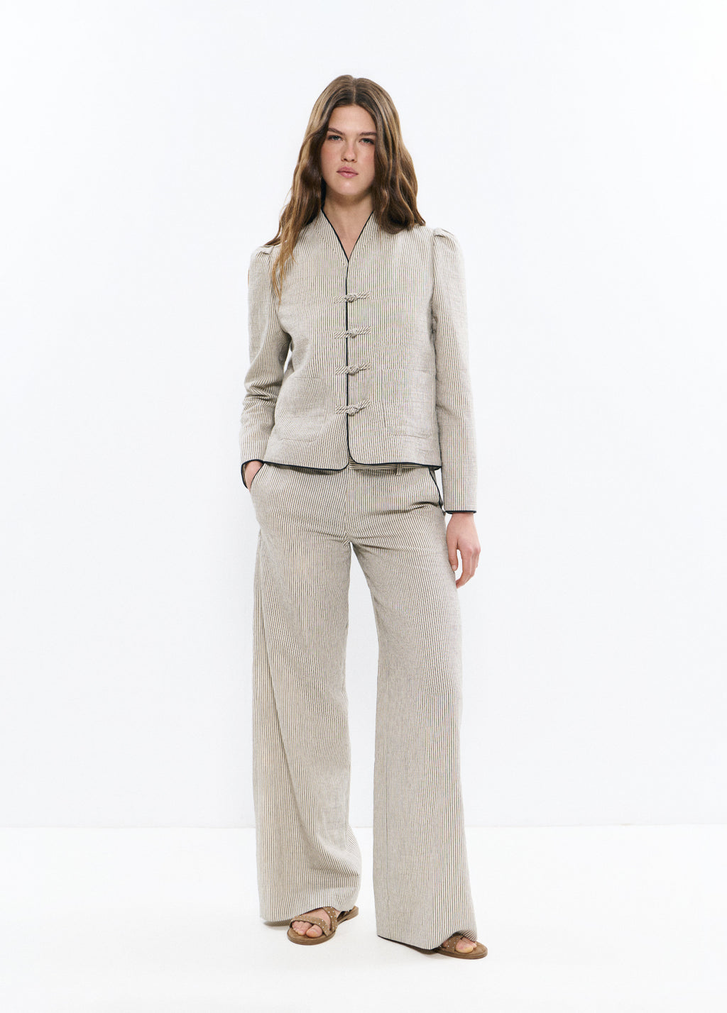 Mao collar jacket with stripes