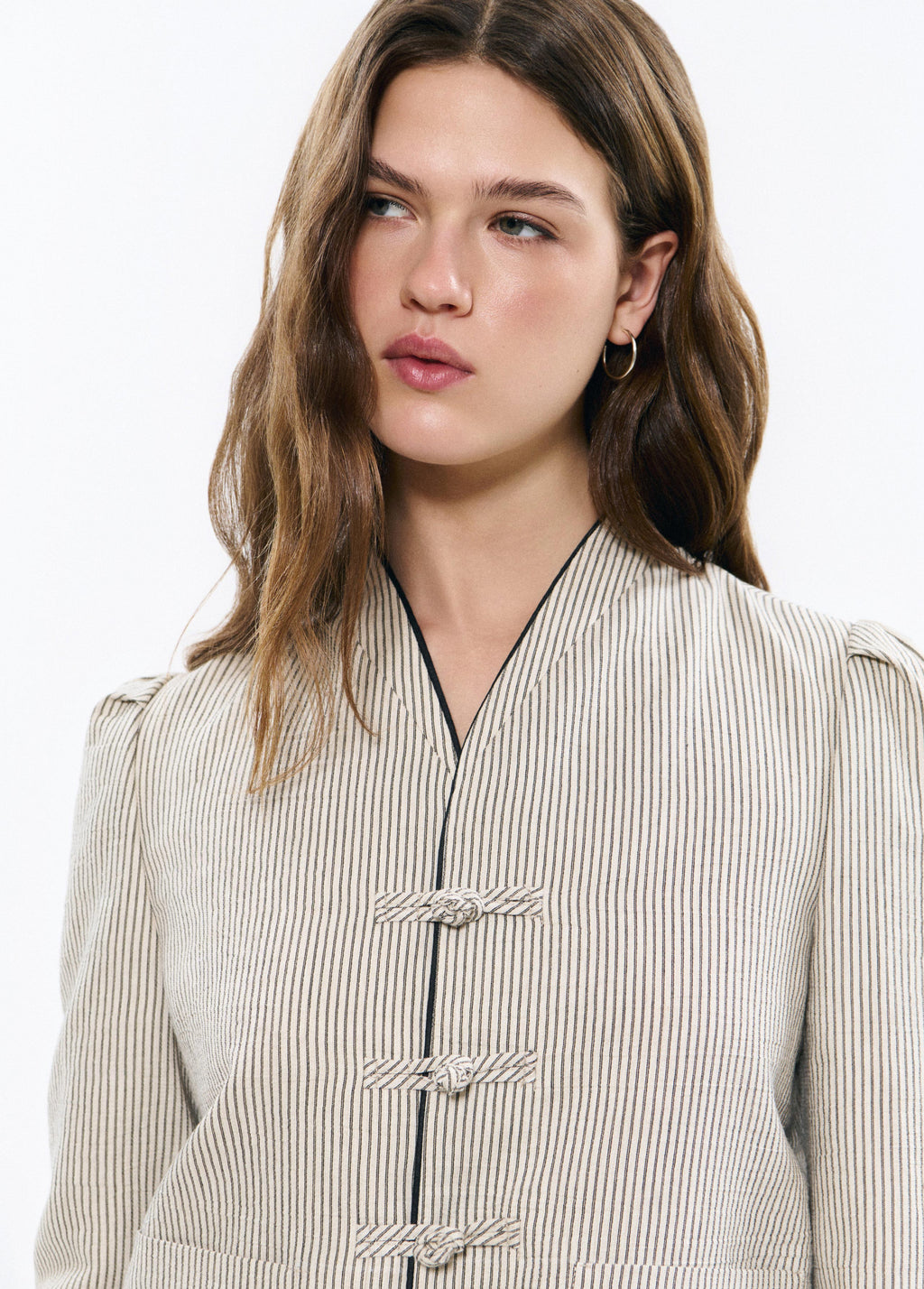 Mao collar jacket with stripes