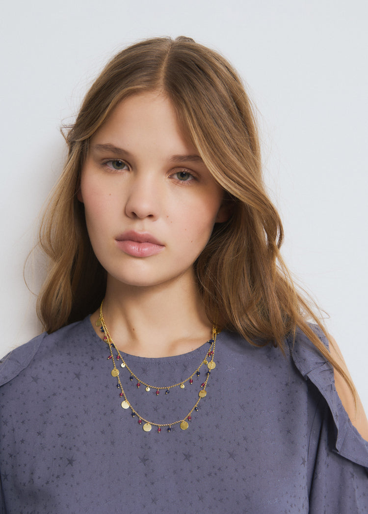 Double necklace with plates and stones