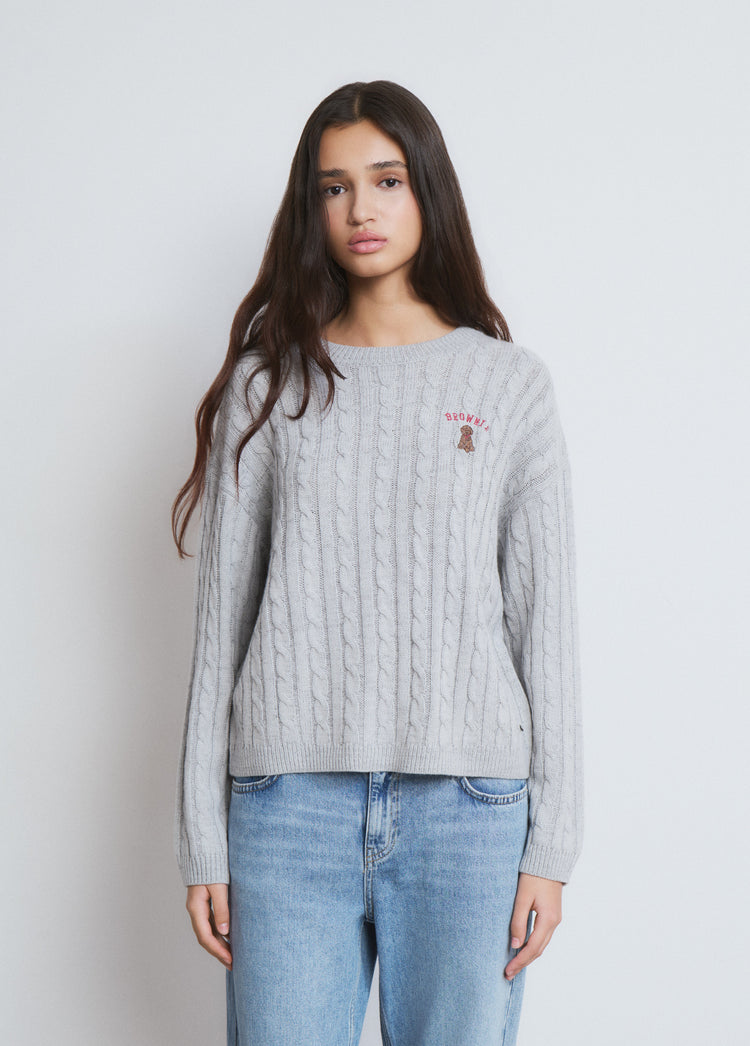 Braided sweater with dog embroidery
