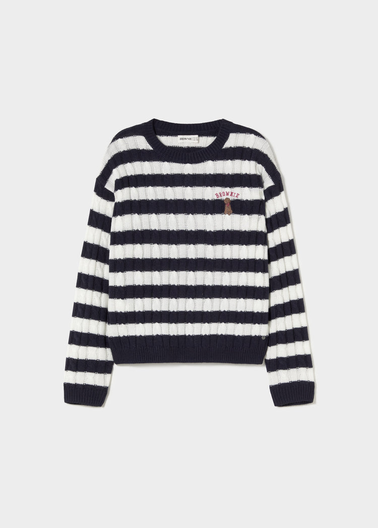 Braided striped sweater with embroidered dog