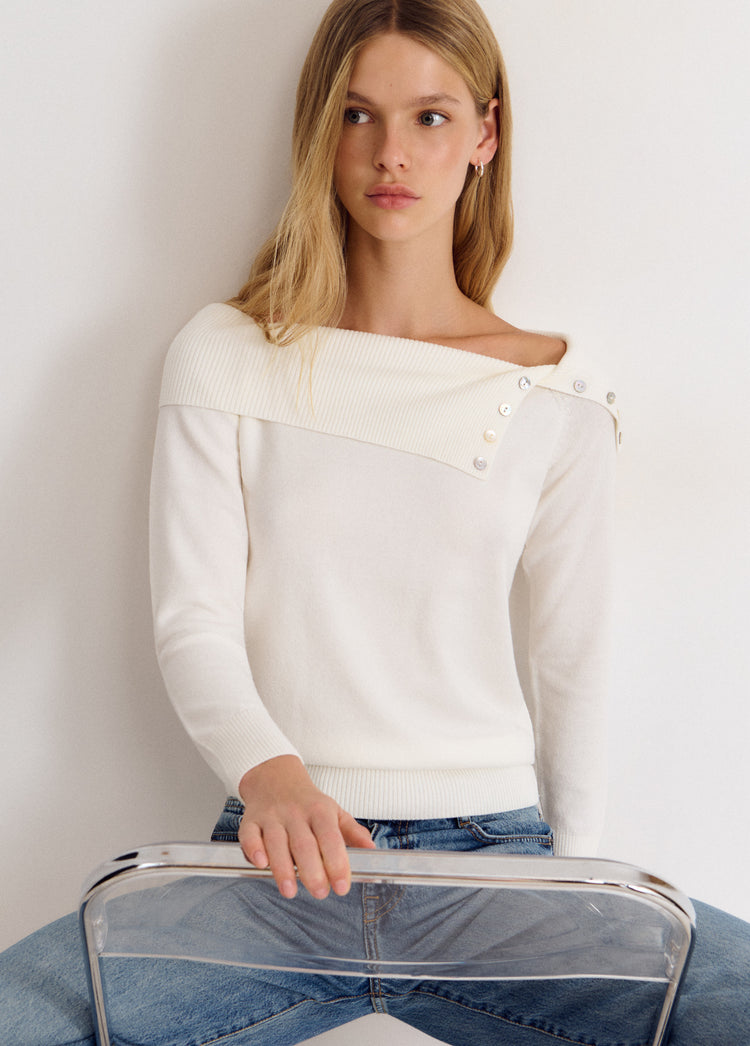 Ribbed-neck button-up sweater