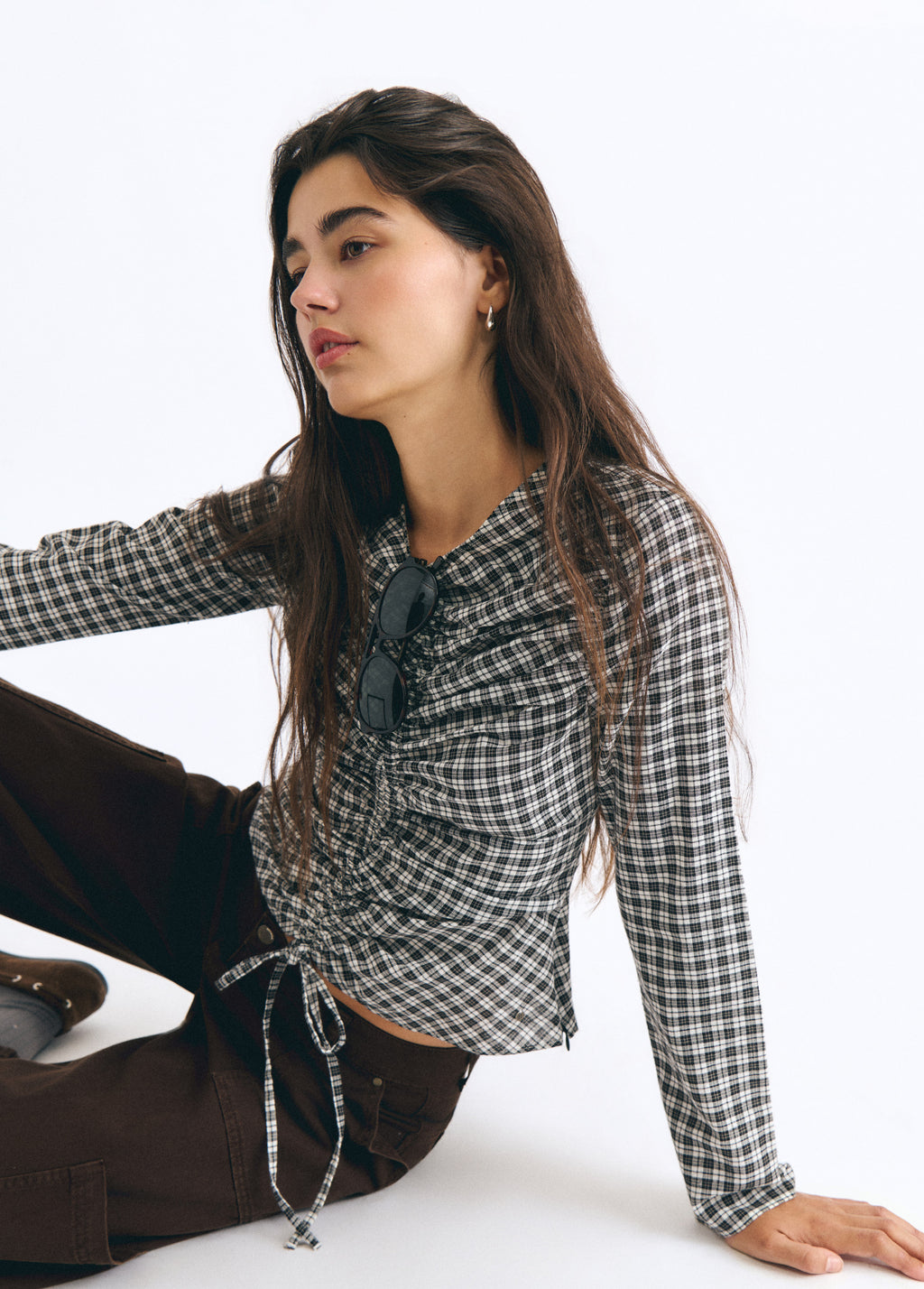 Blouse met ruitmotief en tunnelkoorddetail