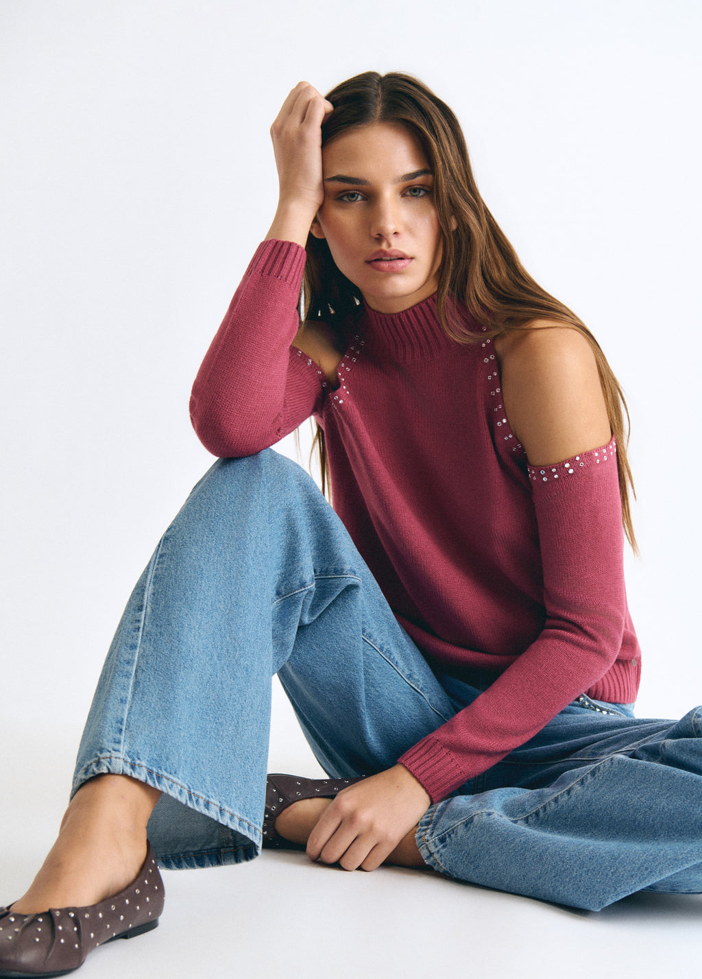 Shoulder-opening studded sweater
