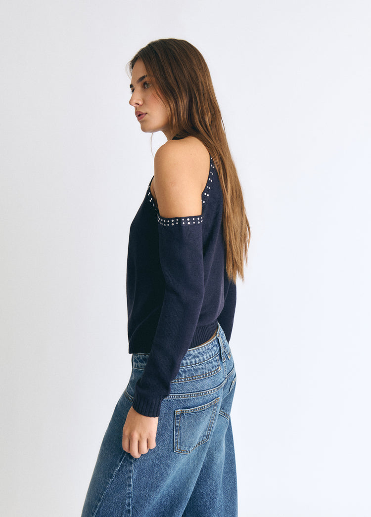 Shoulder-opening studded sweater