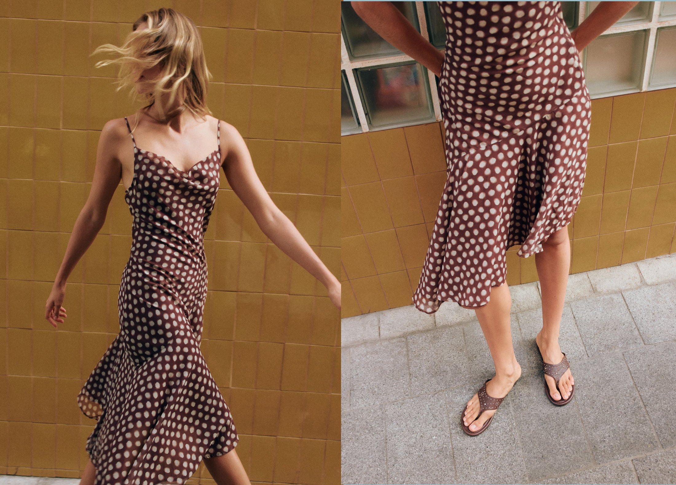 Long spaghetti-strap dress with a polka-dot print