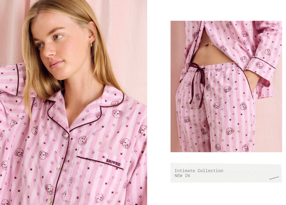 Pijama de manga larga y pantalón largo en rosa con rayas y estampado de ositos