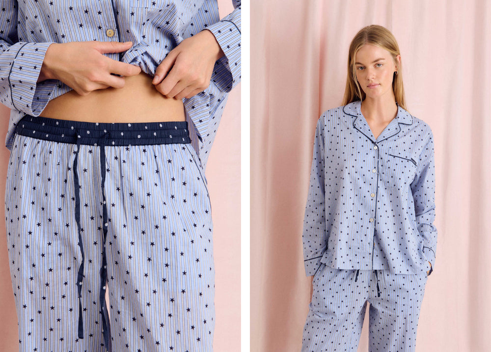 Pijama de rayas azul con camisa de manga larga y pantalón de tiro alto