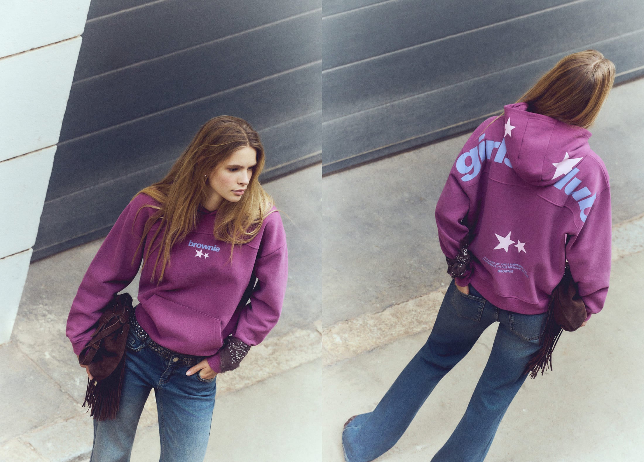 Sudadera de color granate con capucha y estampado de estrellas en el pecho sobre modelo