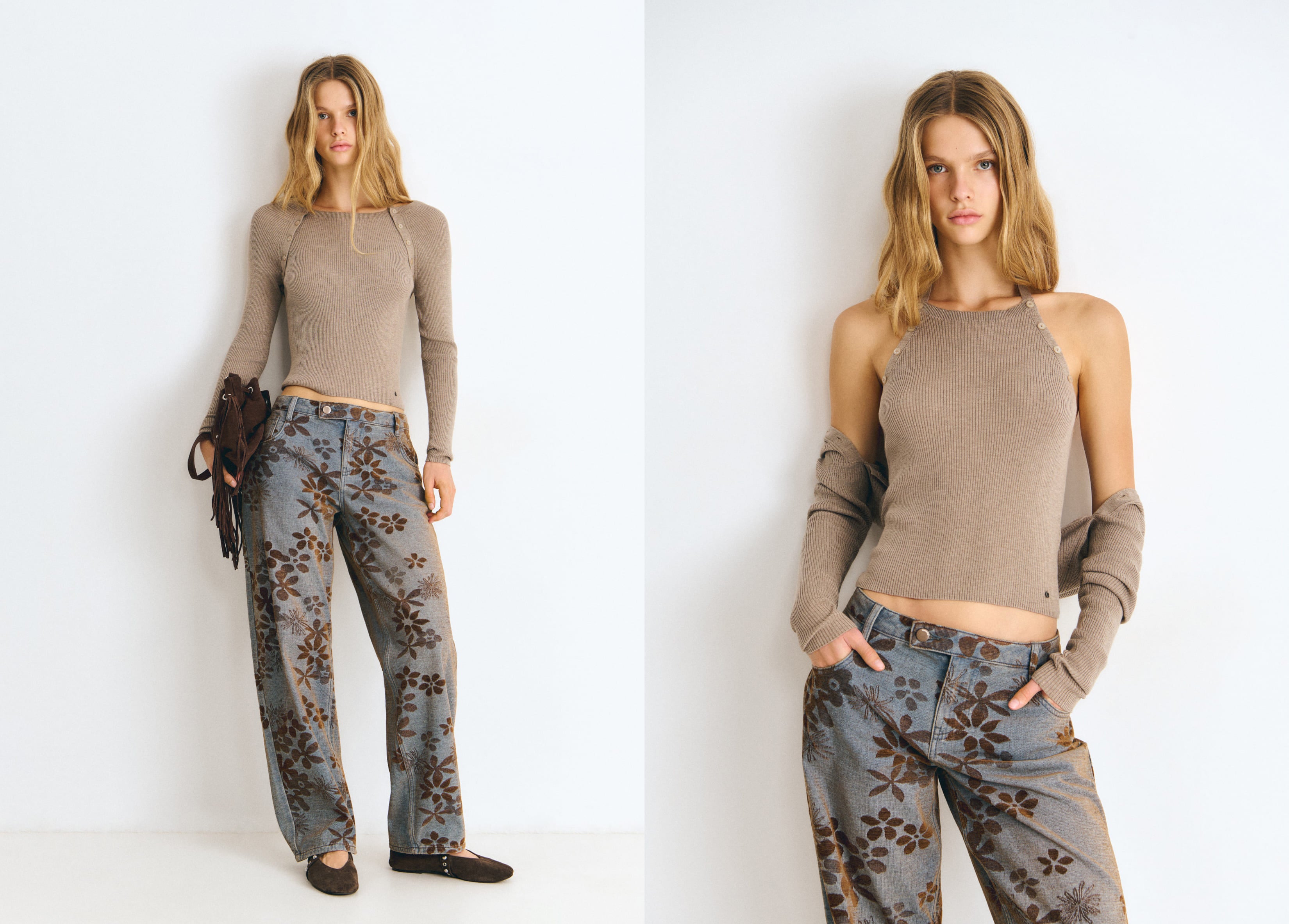 Top halter de color arena con botones en los hombros y mangas largas