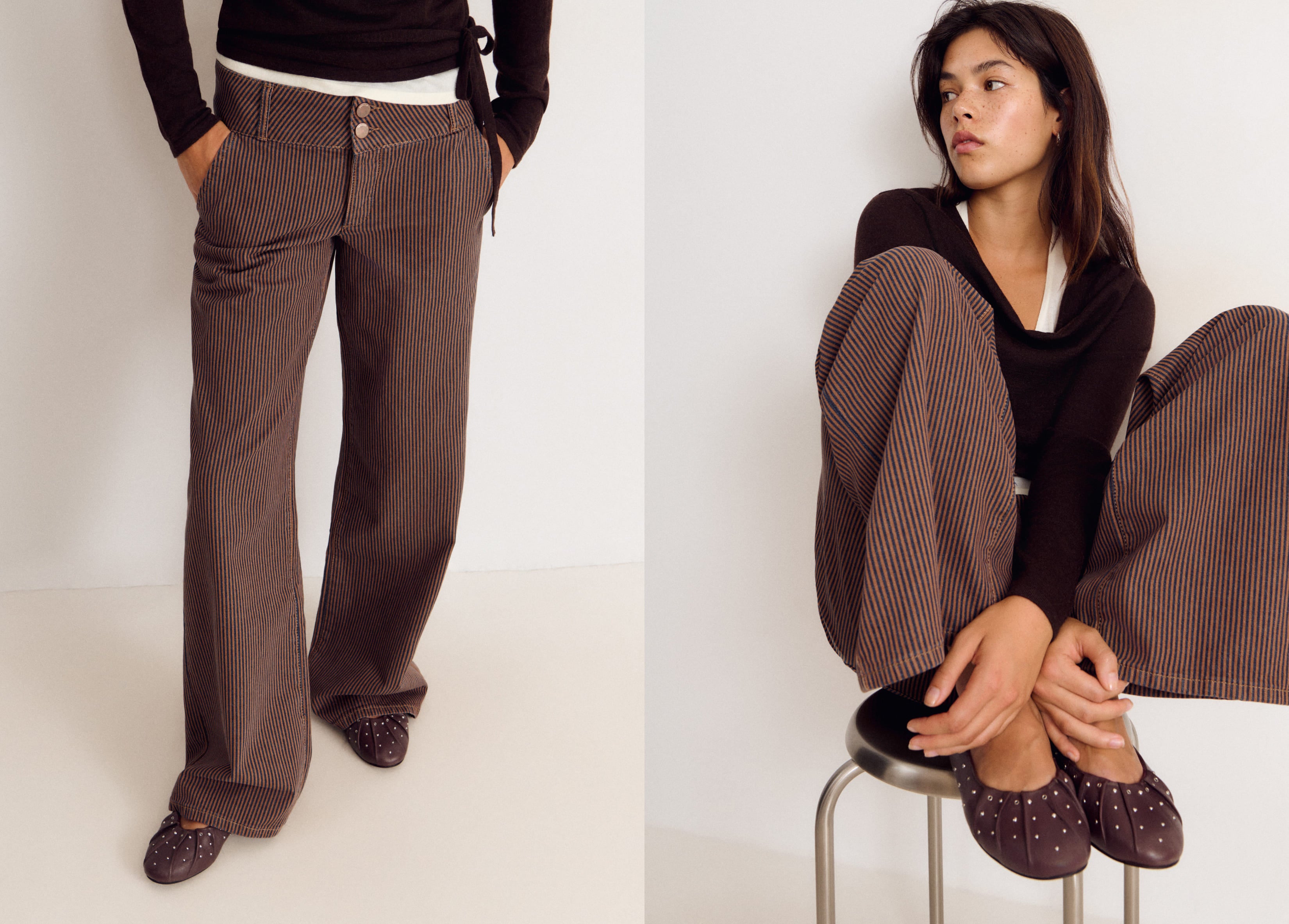 Pantalón de pinza marrón con rayas finas y corte ancho visto de frente