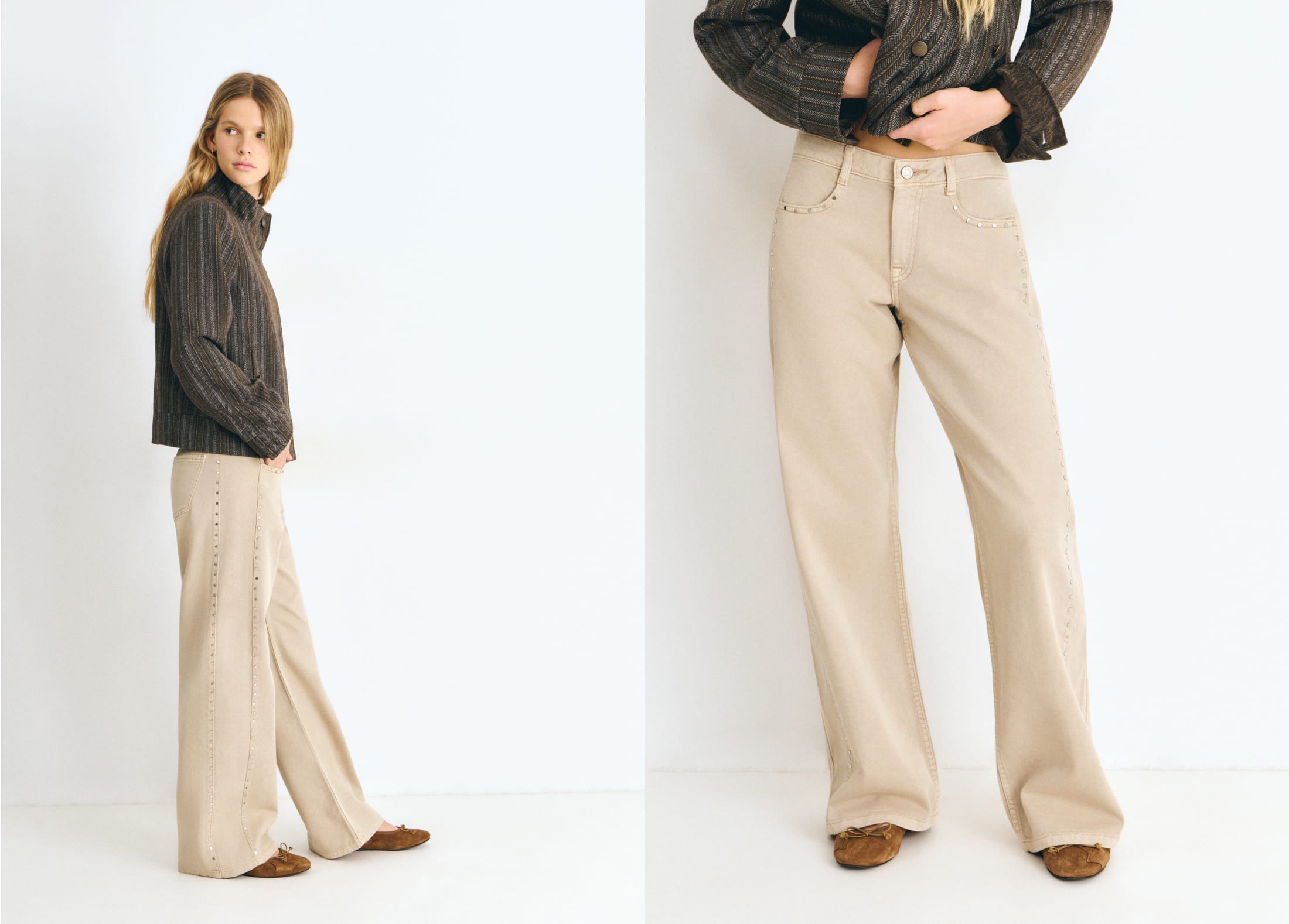 Pantalón recto de color arena con tachas decorativas sobre modelo