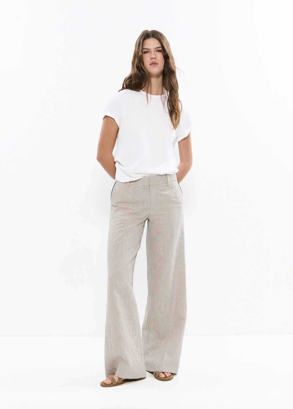 Linen pants with striped contrast trims