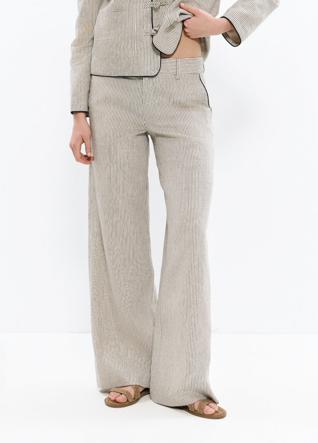 Linen pants with striped contrast trims