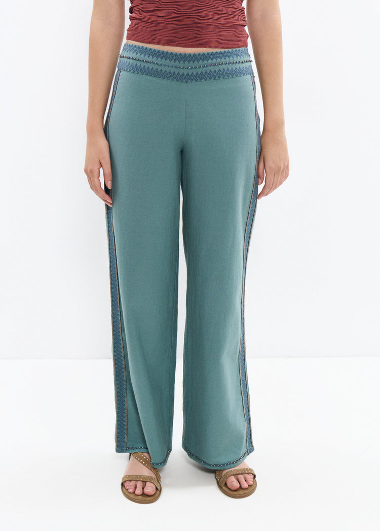 Long pants with embroidered waistband