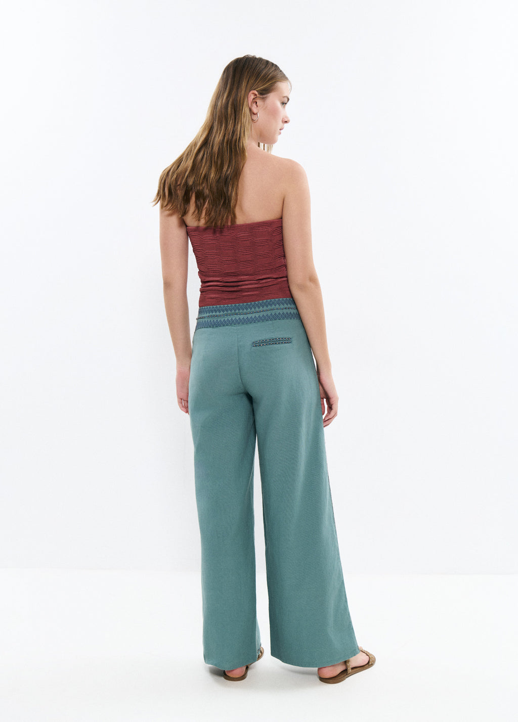Long pants with embroidered waistband