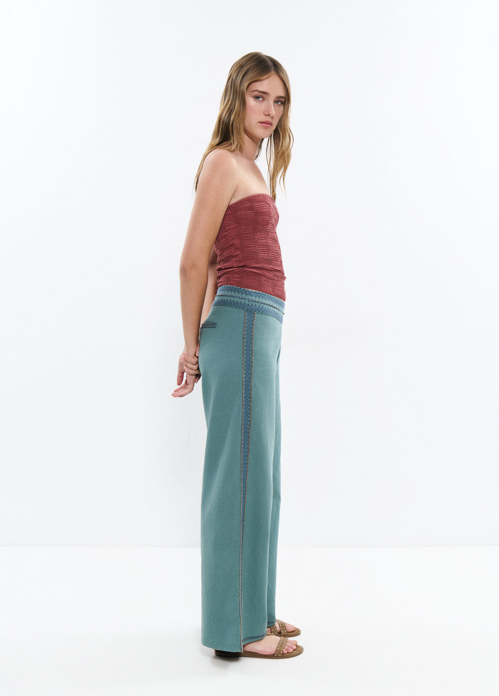 Long pants with embroidered waistband