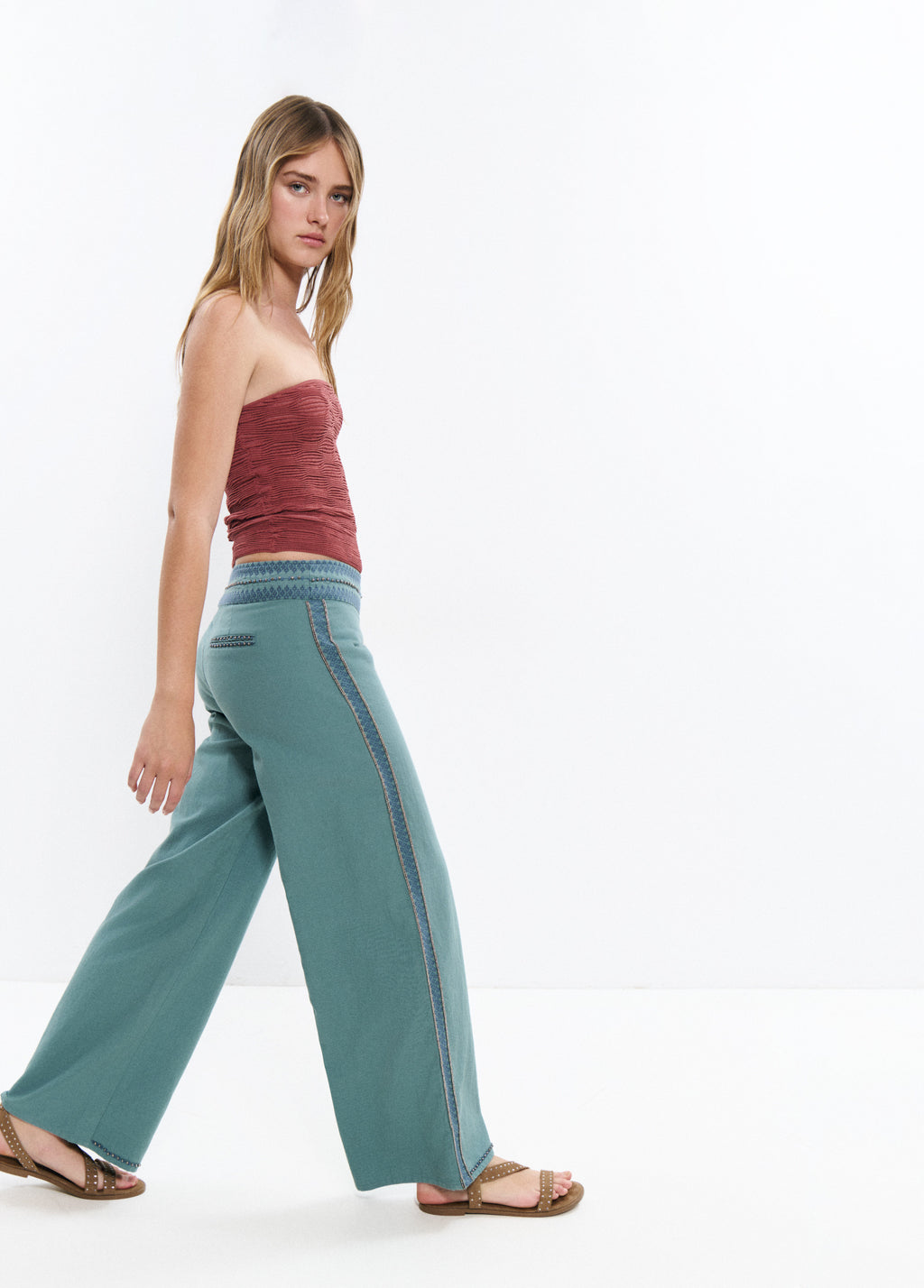 Long pants with embroidered waistband