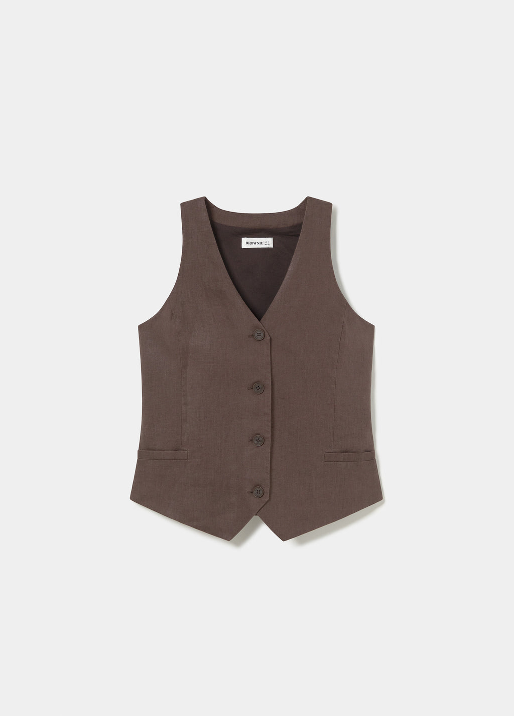 Top de lino marrón con cuello en V y botones frontales